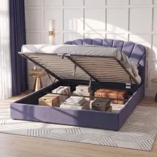 Artiss King Upholstered Bed Frame with Lift-Up Storage and Charging Ports Grey Blue