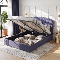 Artiss Queen Bed Frame with Lift-Up Storage USB and Type-C Ports Grey Blue