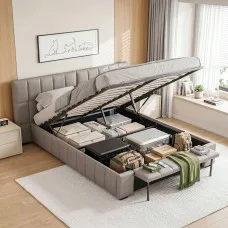 Artiss Double Gas Lift Upholstered Bed Frame with Foldable Bench Waterproof PVC Leather Large Storage 300kg