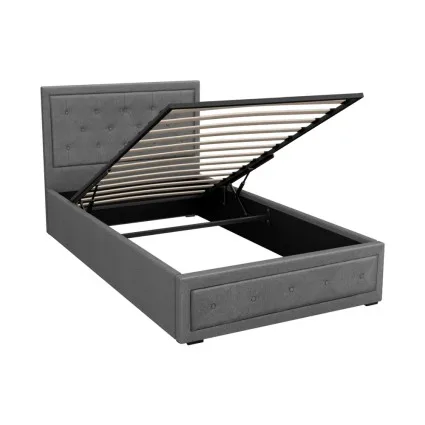 Artiss King Single Gas Lift Bed Frame Grey Faux Linen Upholstered Storage Base Wooden Slats Tufted Headboard