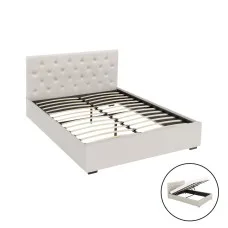 Artiss VILA Double Size Gas Lift Bed Frame Beige Upholstered Linen Fabric with Storage and Tufted Headboard