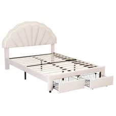 Artiss Double Bed Frame with Storage Drawers, Velvet Upholstered Platform, LED Rounded Headboard, Pine & Metal, 300kg