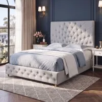 Artiss Double Bed Frame with Tufted Headboard, Radial Diamond Stitching, Plywood Slats, 300kg Capacity Grey