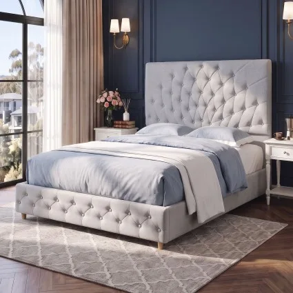 Artiss Double Bed Frame with Tufted Headboard, Radial Diamond Stitching, Plywood Slats, 300kg Capacity Grey