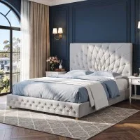 Artiss Queen Bed Frame with Upholstered Tufted Headboard, Plywood Slats, Velcro Installation and 300kg Capacity Grey