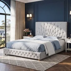 Artiss Queen Bed Frame with Upholstered Tufted Headboard, Plywood Slats, Velcro Installation and 300kg Capacity Grey