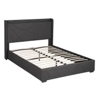 Artiss Double Gas Lift Storage Bed Frame Upholstered Geometric Headboard Charcoal Grey with Charging Ports