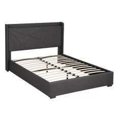 Artiss Double Gas Lift Storage Bed Frame Upholstered Geometric Headboard Charcoal Grey with Charging Ports