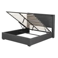 Artiss Queen Gas Lift Bed Frame with Concealed Storage Charging Ports Upholstered Geometric Headboard Charcoal Grey