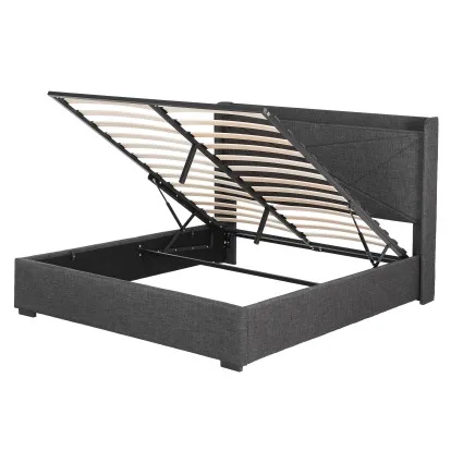 Artiss Queen Gas Lift Bed Frame with Concealed Storage Charging Ports Upholstered Geometric Headboard Charcoal Grey