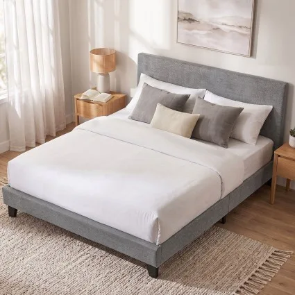 Artiss Neo King Size Bed Frame in Grey – Faux Linen Upholstery, Wood Slat Base, High-Density Foam, Easy Assembly