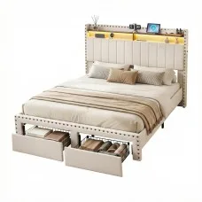 Artiss King Upholstered Bed Frame with Storage Drawers, Charging Station and Mood Lighting