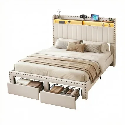 Artiss King Upholstered Bed Frame with Storage Drawers, Charging Station and Mood Lighting