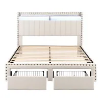 Artiss Queen Upholstered Wingback Bed Frame with Storage Drawers Charging Station Mood Lighting Linen