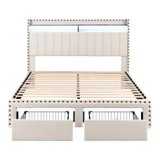 Artiss Queen Upholstered Wingback Bed Frame with Storage Drawers Charging Station Mood Lighting Linen
