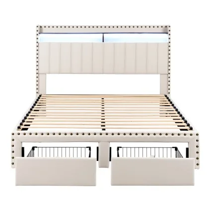 Artiss Queen Upholstered Wingback Bed Frame with Storage Drawers Charging Station Mood Lighting Linen
