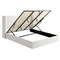Artiss King Bed Frame with Gaslift Storage USB Type-C Charging Ports Velvet Upholstery White Geometric Headboard