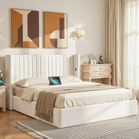 Artiss Queen Platform Bed Frame with Gaslift Storage USB Type-C Charging Ports 300kg Velvet White