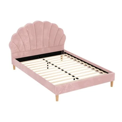 Artiss ROSY Double Bed Frame with Pink Velvet Scallop Bedhead - Elegant Wood Base, Easy Assembly, 1-Year Warranty
