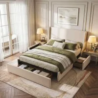 Artiss King Upholstered Bed Frame Off White Wingback Headboard with 3 Storage Drawers and Metal Base