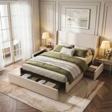Artiss Queen Upholstered Bed Frame with 3 Storage Drawers Wingback Headboard Metal Platform Base 300kg