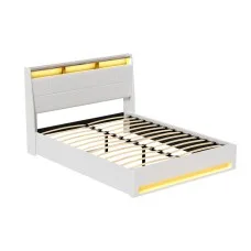 Artiss Sunset Double Bed Frame Gas Lift Storage White PVC Leather with LED Headboard, 16 Colours, 300kg Capacity