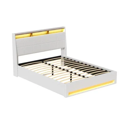Artiss Sunset Double Bed Frame Gas Lift Storage White PVC Leather with LED Headboard, 16 Colours, 300kg Capacity
