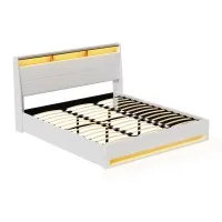 Artiss King Bed Frame Gas Lift Storage White PVC Leather with LED Headboard, 16 Colours, Wooden Slats, Sunset Series