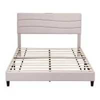 Artiss Queen Bed Frame with Storage Adjustable Headboard Charging Ports Beige Linen 300kg Capacity