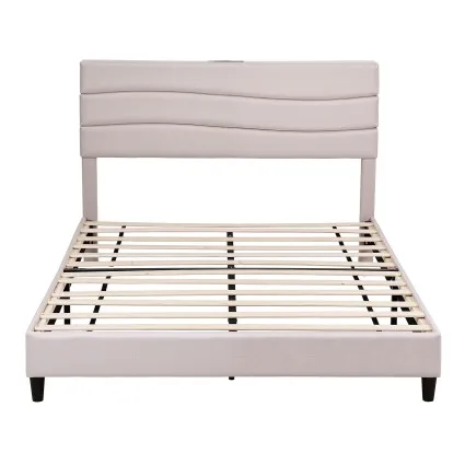 Artiss Queen Bed Frame with Storage Adjustable Headboard Charging Ports Beige Linen 300kg Capacity