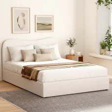 Artiss Queen Bed Frame, Boucle Upholstered, Beige, 214x160x92cm, Elegant Design with Padded Headboard & Sturdy Support