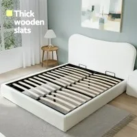 Artiss Double Bed Frame with Gaslift Storage, Bouclé Upholstered, Pine Wood Platform, Beige White, 300kg Capacity