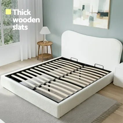 Artiss Queen Bed Frame with Gaslift Storage, Bouclé Upholstered, Pine Wood Platform, Padded Headboard, Beige White