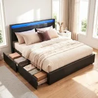 Artiss Queen Bed Frame with LED, 4 Drawers, PU Leather Upholstery, Black, Durable Wood, Easy Assembly