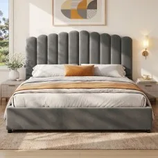 Artiss FION King Size Bed Frame Velvet Grey Upholstered with Gas Lift Storage, Padded Headboard, Wooden Slats
