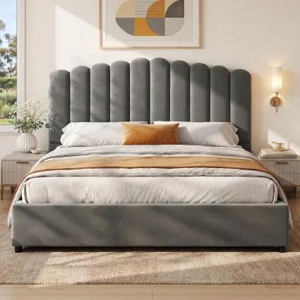 Artiss FION King Size Bed Frame Velvet Grey Upholstered with Gas Lift Storage, Padded Headboard, Wooden Slats
