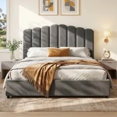 Artiss FION Queen Size Bed Frame Velvet Grey Upholstered with Gas Lift Storage, Padded Headboard, Wooden Slats