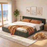Artiss King Bed Frame Chenille Upholstered Heavy Duty Platform Base Green 300kg Support 183x203cm Fit