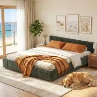 Artiss Queen Chenille Upholstered Bed Frame 300kg Heavy Duty Platform Base Low Profile 60cm Green Noise Free Slatted