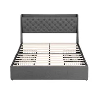 Artiss Queen Upholstered Bed Frame Charcoal Grey Tufted Wingback Headboard 4 Storage Drawers & Charging