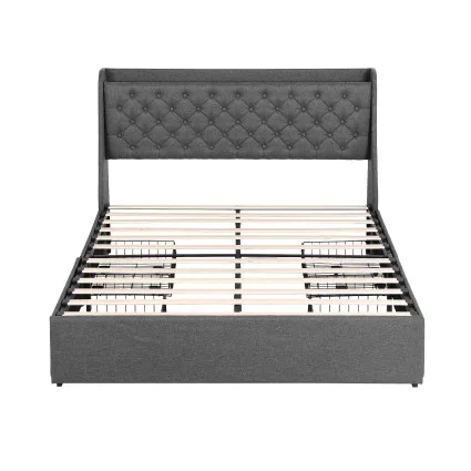Artiss Queen Upholstered Bed Frame Charcoal Grey Tufted Wingback Headboard 4 Storage Drawers & Charging
