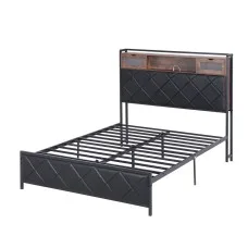 Artiss Double PU Leather Bed Frame with LED Headboard Storage and USB AC Charging Station 138x212cm 300kg