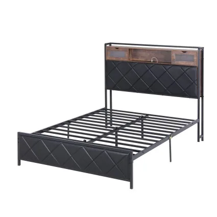 Artiss Double PU Leather Bed Frame with LED Headboard Storage and USB AC Charging Station 138x212cm 300kg