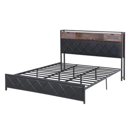 Artiss King Size PU Leather Bed Frame with LED Lights USB Charging and Storage Headboard Integrated Power