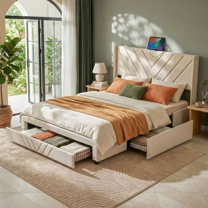 Artiss Double Bed Frame Beige Upholstered Tufted Headboard with USB Charging Station and 3 Storage Drawers 300 kg