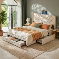 Artiss King Upholstered Bed Frame Beige with Charging Station Storage Drawers 300kg Capacity Bed Frame