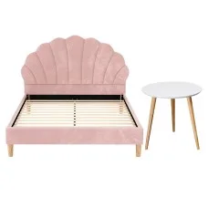 Artiss ROSY Double Bed Frame with Pink Velvet Scallop Bedhead and 50.5cm White Round Side Table Set (Double)