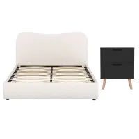 Artiss Bouclé Beige Double Bed Frame, Black Nightstand Set with Padded Headboard, Wooden Slats,; Easy Assembly