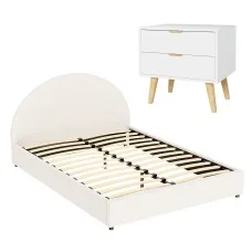 Artiss Queen Bed Frame Set with Gas-Lift Storage and Bouclé Headboard with Matching 2-Drawer Bedside Table Beige