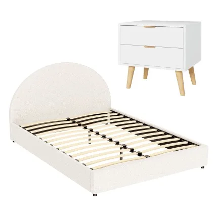 Artiss Queen Bed Frame Set with Gas-Lift Storage and Bouclé Headboard with Matching 2-Drawer Bedside Table Beige